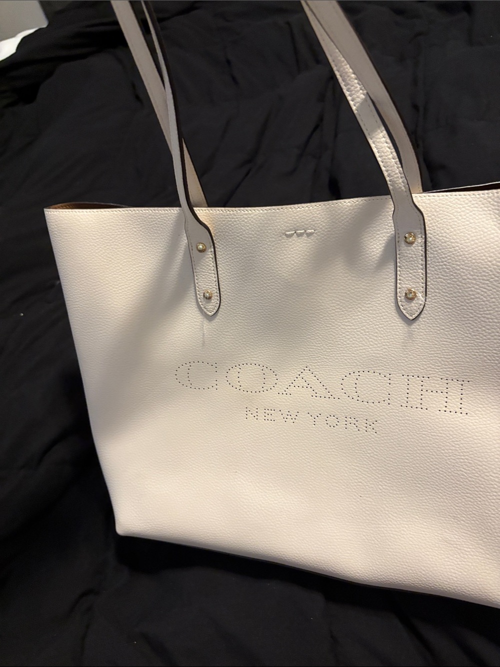 Coach White Perforated Logo Leather Tote with Neutral Trim